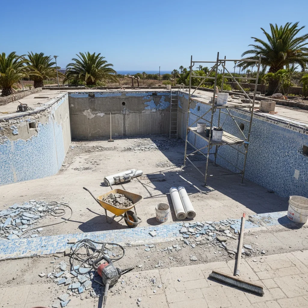 Proceso de renovación completa de piscina en Gran Canaria — vaciado, impermeabilización y nuevo revestimiento