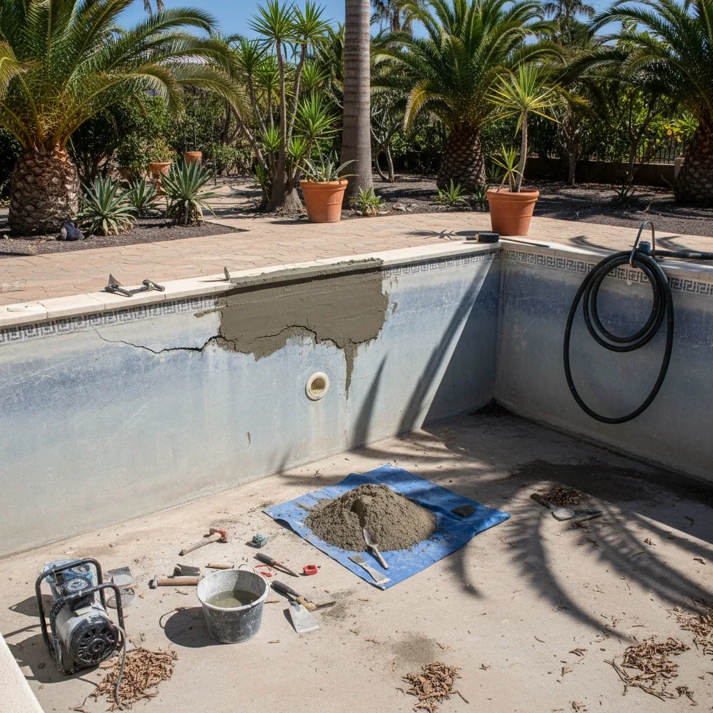 Piscina parcialmente vaciada durante proceso de reparación de grietas