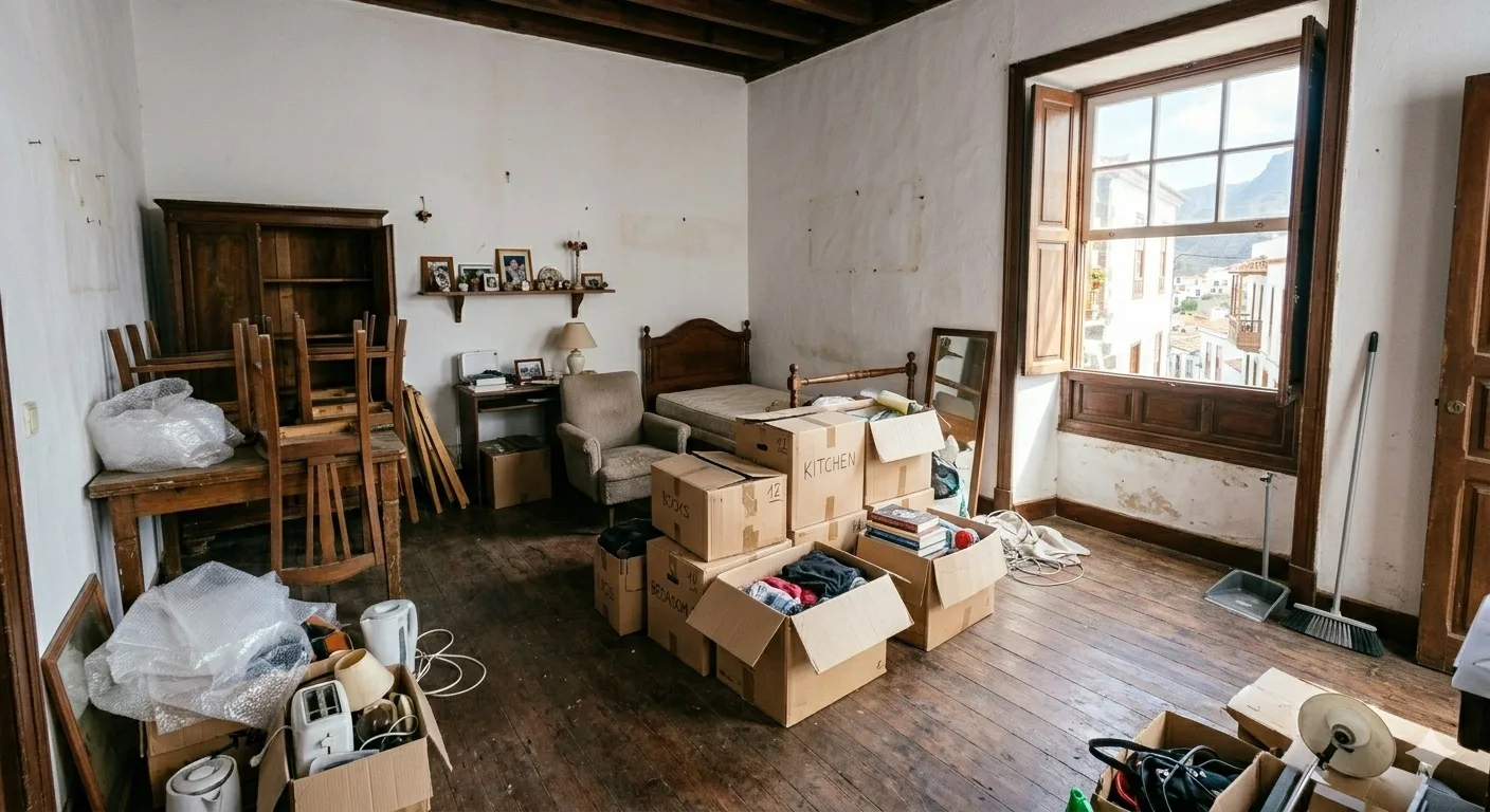 Habitación con muebles y enseres durante servicio profesional de vaciado de piso en Arucas, Gran Canaria