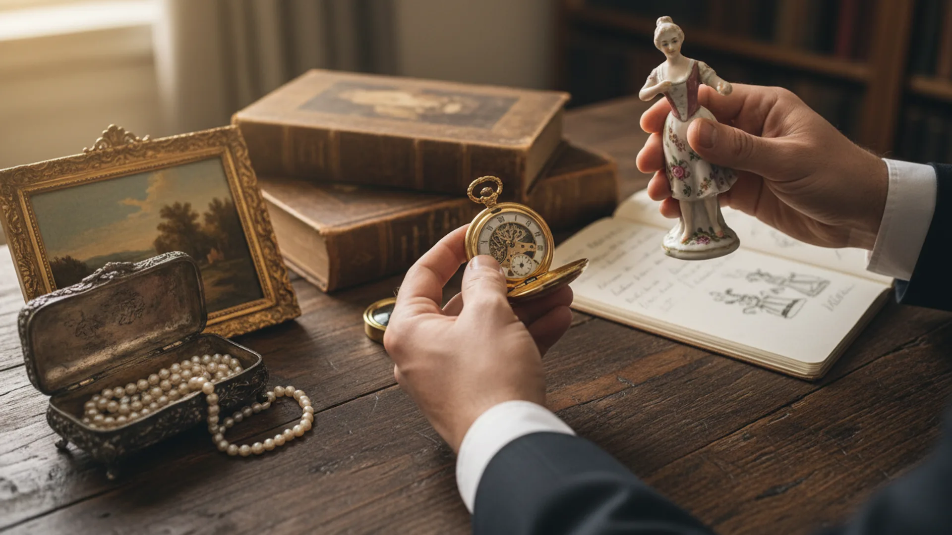 Appraiser examining antiques and jewellery during a house clearance on Gran Canaria — Sosa
