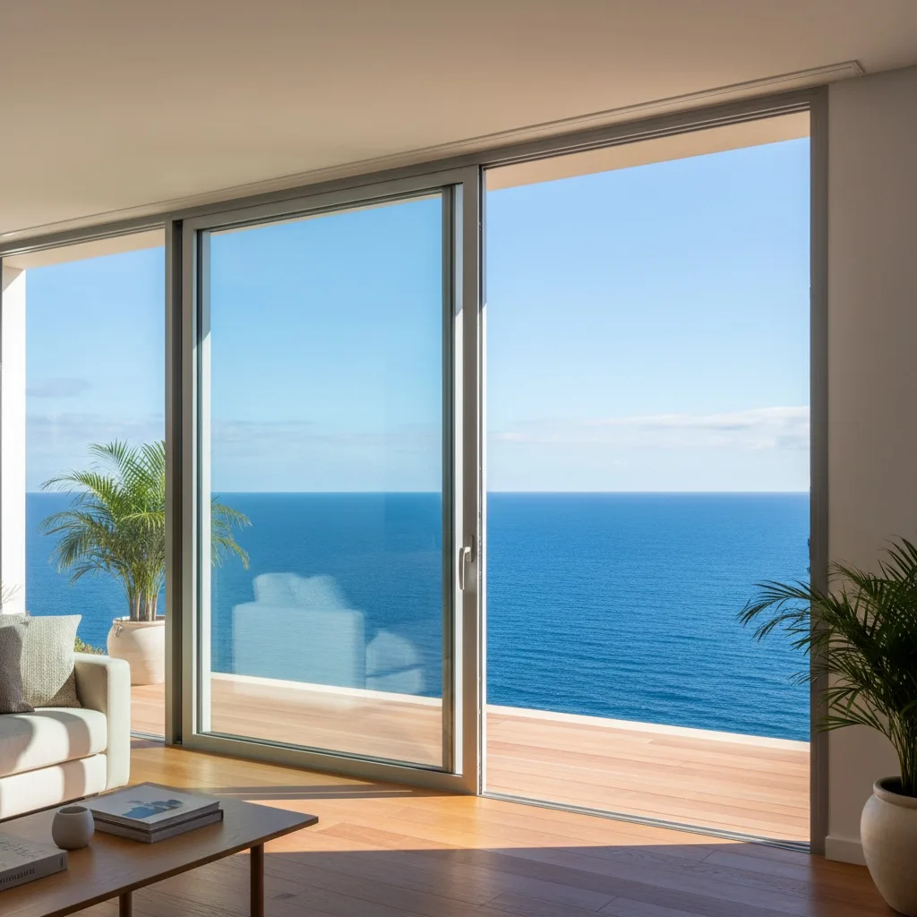 Ventana corredera de aluminio con vista al mar en salón moderno de Gran Canaria