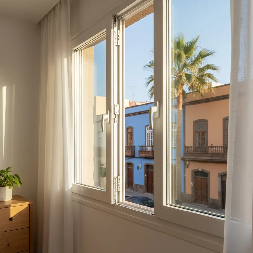 Ventana oscilobatiente de aluminio abierta en posición de ventilación en dormitorio luminoso