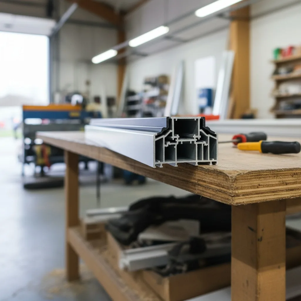 Sección de perfil de aluminio con rotura de puente térmico y juntas de goma en taller de carpintería