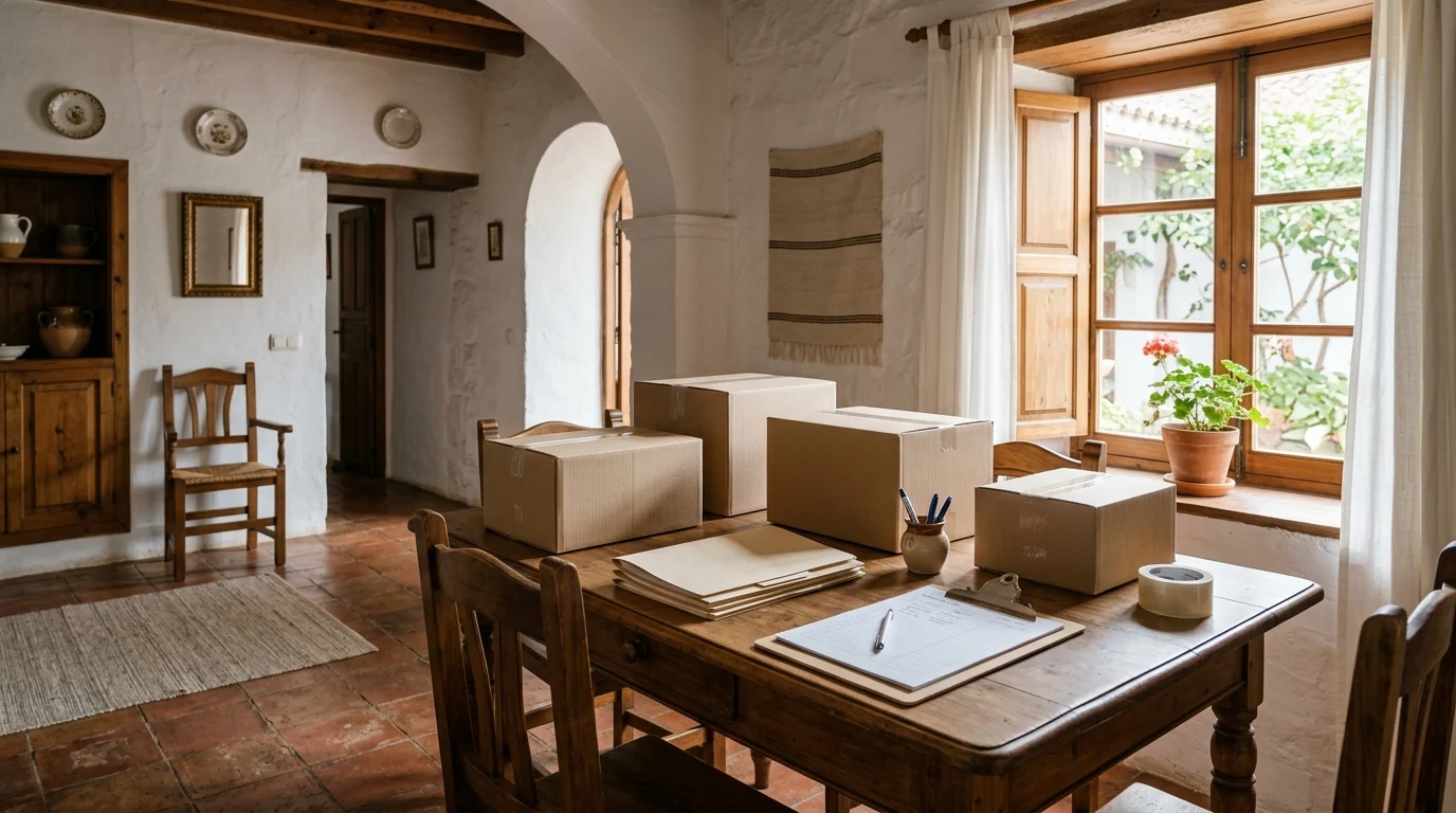 Mesa con cajas y carpetas para organizar el contenido de una vivienda
