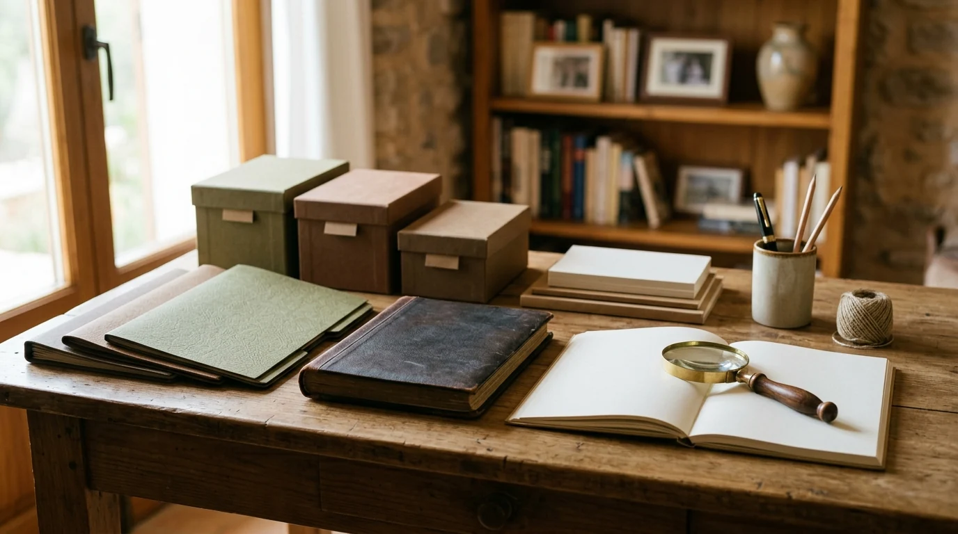 Álbumes, carpetas y cajas sin etiquetas sobre una mesa de trabajo
