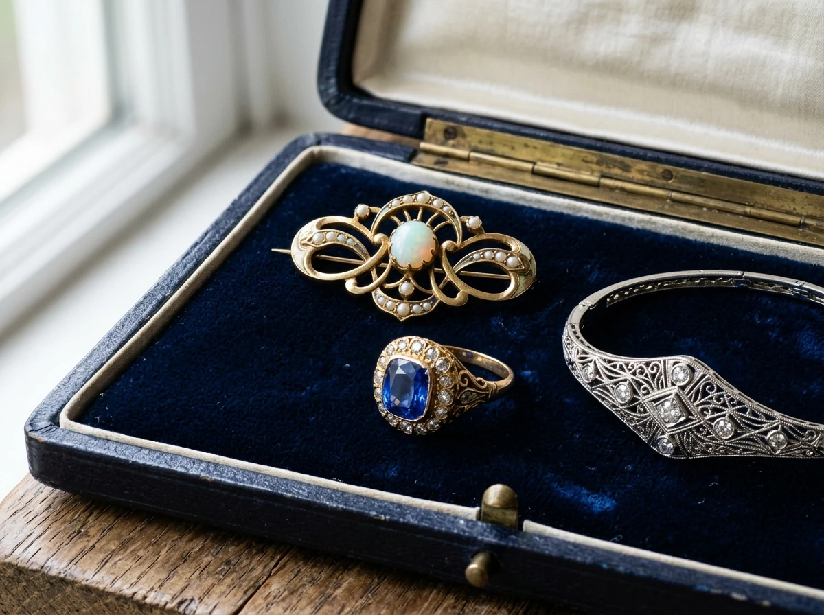 Broche, anillo y pulsera de estilo antiguo en un estuche