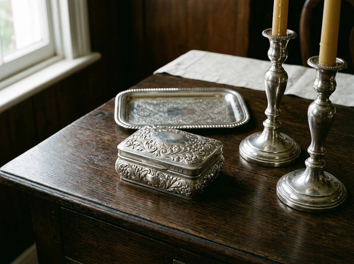 Caja, bandeja y candelabros de plata