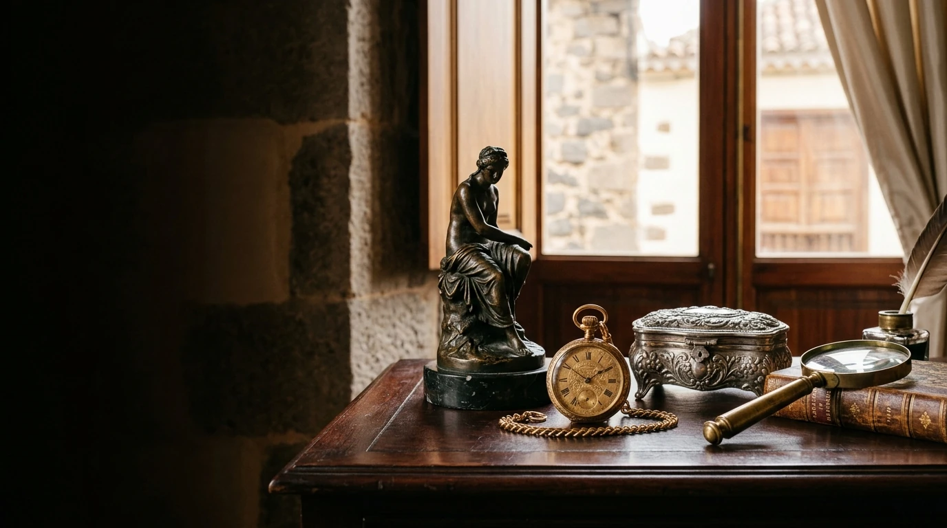 Pequeñas antigüedades: bronce, reloj de bolsillo y caja de plata