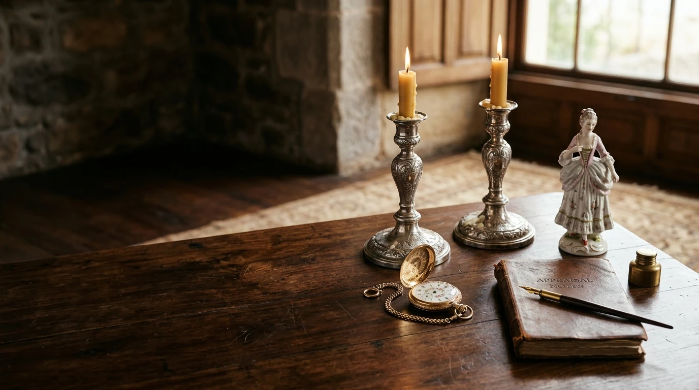 Pequeñas antigüedades: candelabros, figura de porcelana y reloj de bolsillo