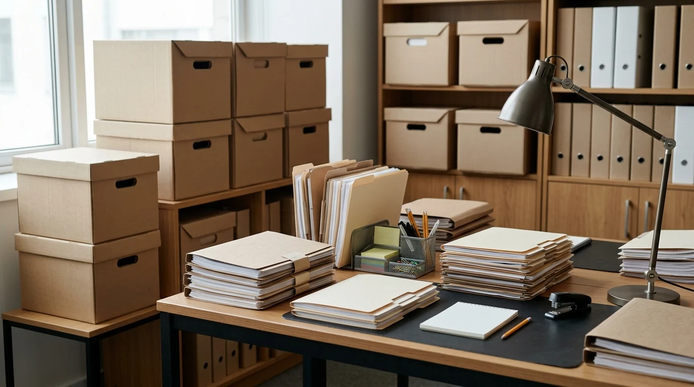 Ilustración de carpetas y cajas de archivo separadas sobre una mesa de oficina antes del vaciado