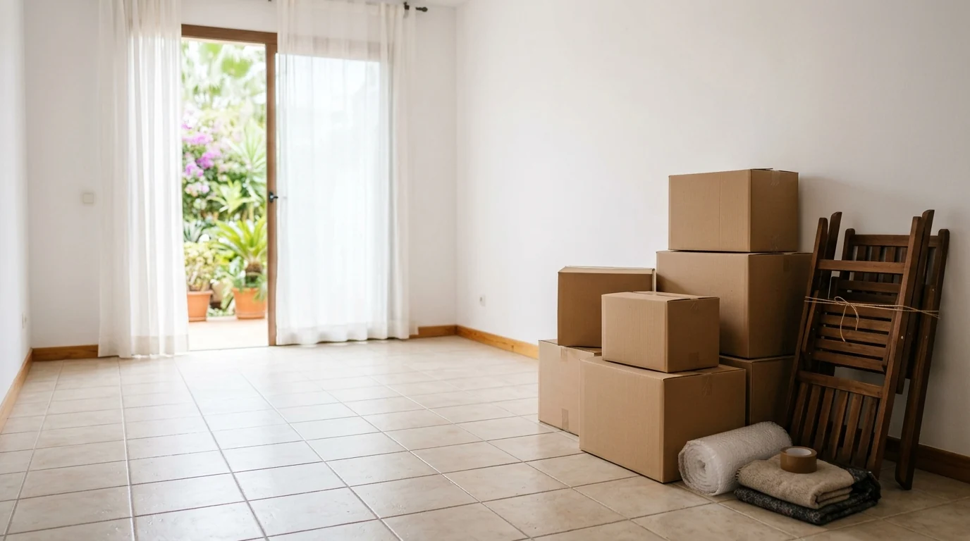 Escena ilustrativa de una vivienda con cajas y sillas preparadas para retirar