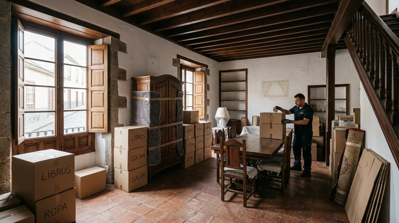 Ilustración de una vivienda con muebles protegidos y cajas preparados para el vaciado