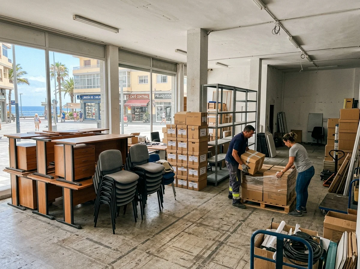 Ilustración de la preparación de muebles y cajas para el vaciado de un local