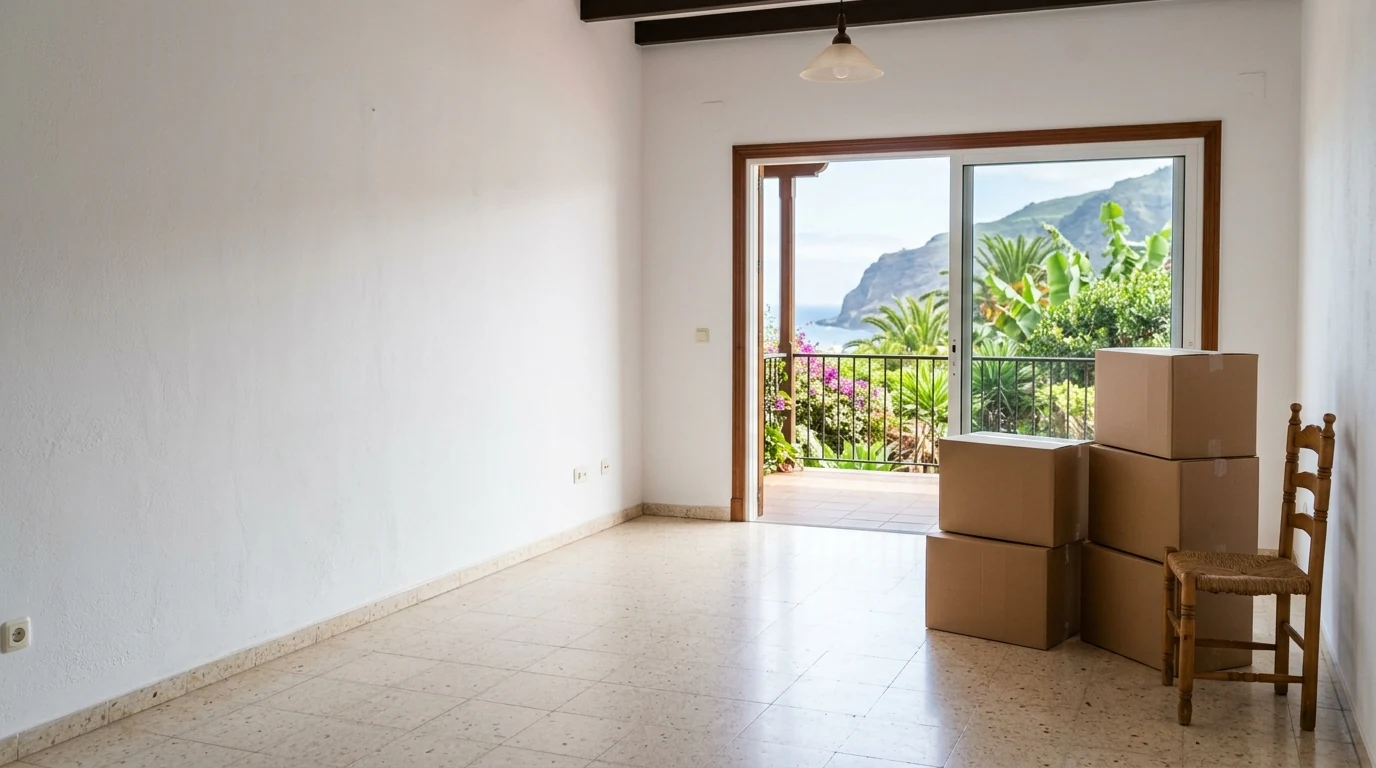 Escena ilustrativa de una vivienda con suelo de baldosas, cajas y salida a una terraza