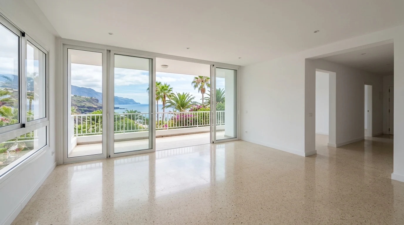 Escena ilustrativa de una habitación despejada con salida a una terraza