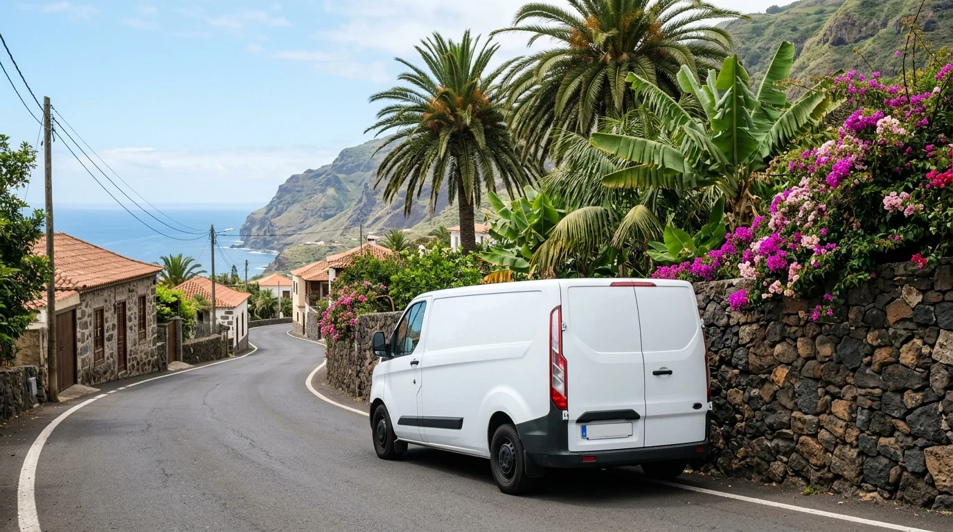 Escena ilustrativa de un vehículo de transporte junto a una vía residencial con vegetación canaria