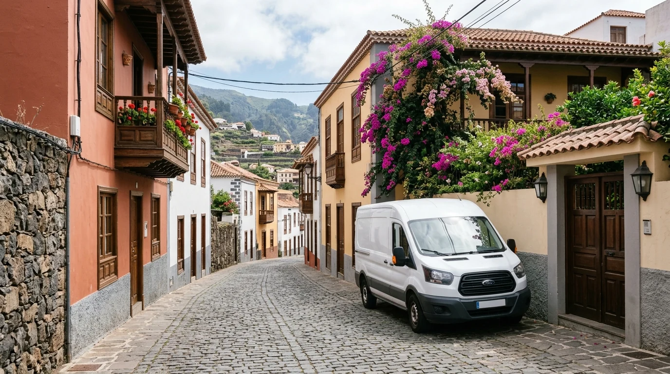 Ilustración de una calle en pendiente con viviendas y un vehículo de transporte sin identificación de empresa