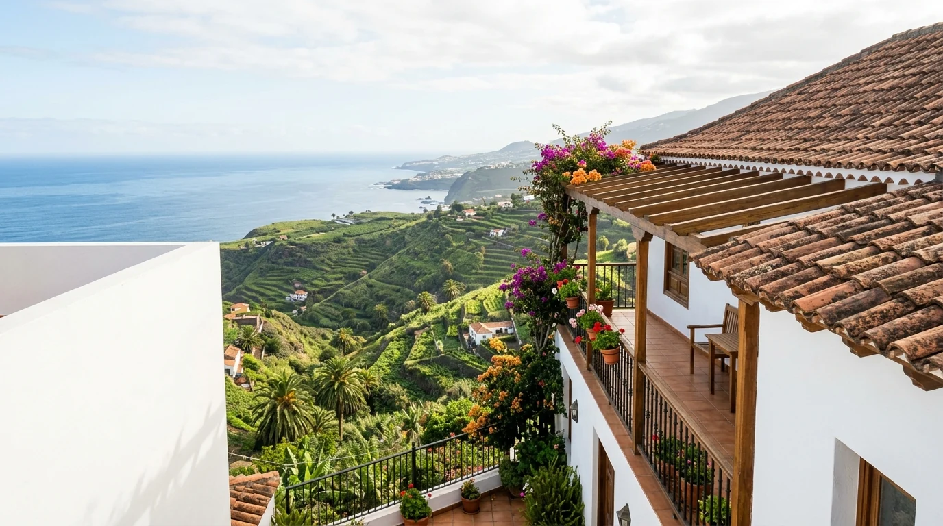 Ilustración de una vivienda con balcón, vegetación y paisaje costero del norte de Tenerife