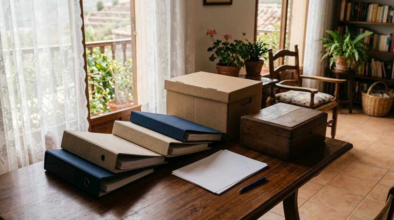 Carpetas y recuerdos familiares separados antes de vaciar una vivienda heredada