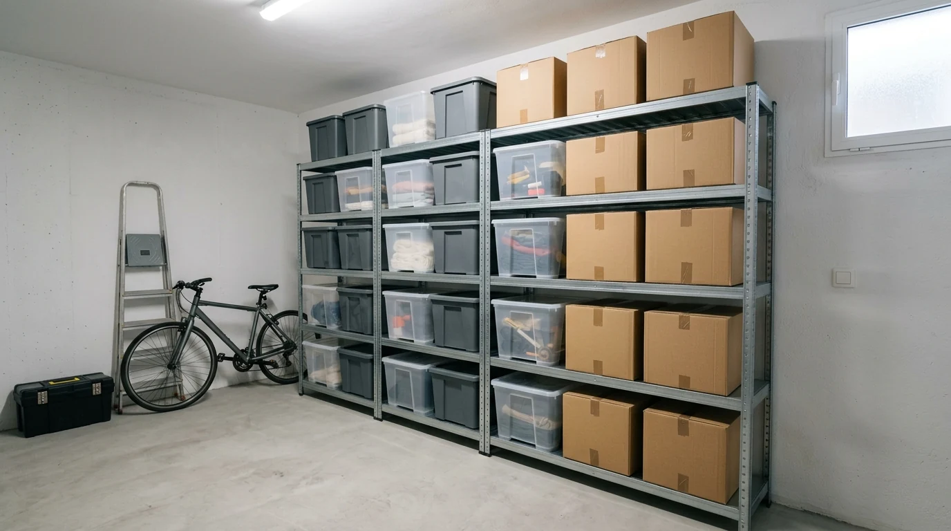 Trastero con estanterías, cajas y pertenencias agrupadas para organizar su retirada