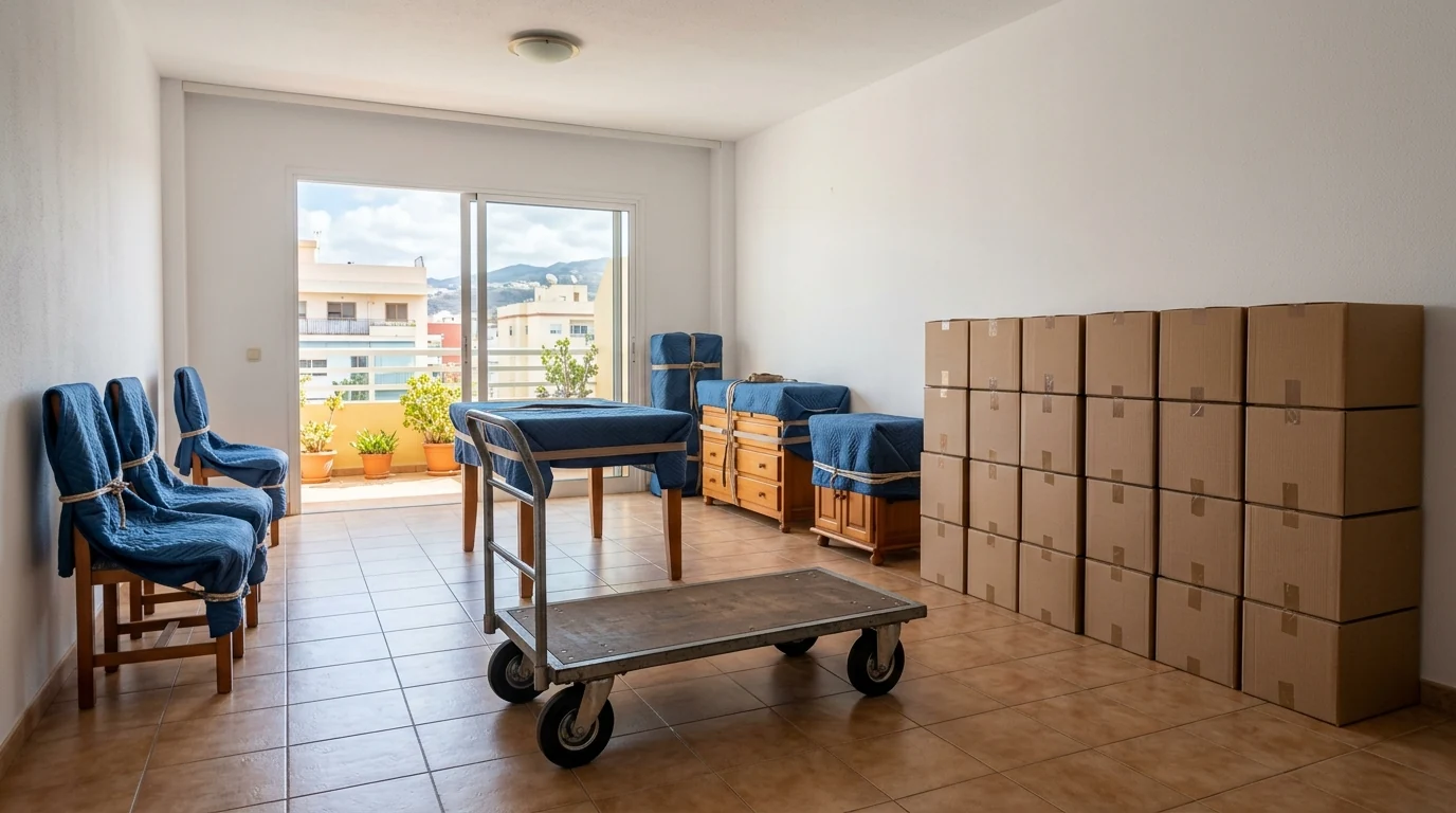Muebles protegidos por separado y cajas preparadas para una retirada del interior de una vivienda