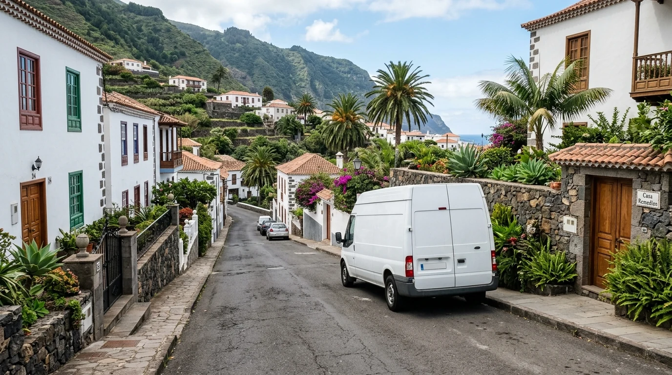 Vehículo blanco de transporte estacionado en una calle residencial del norte de Tenerife