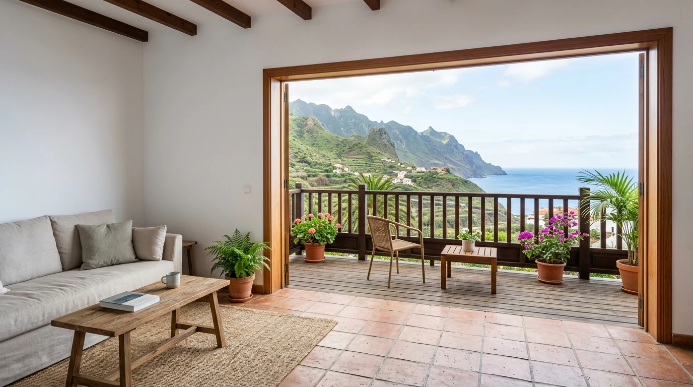 Vivienda residencial luminosa con suelo de barro cocido y vistas hacia la costa del norte de Tenerife