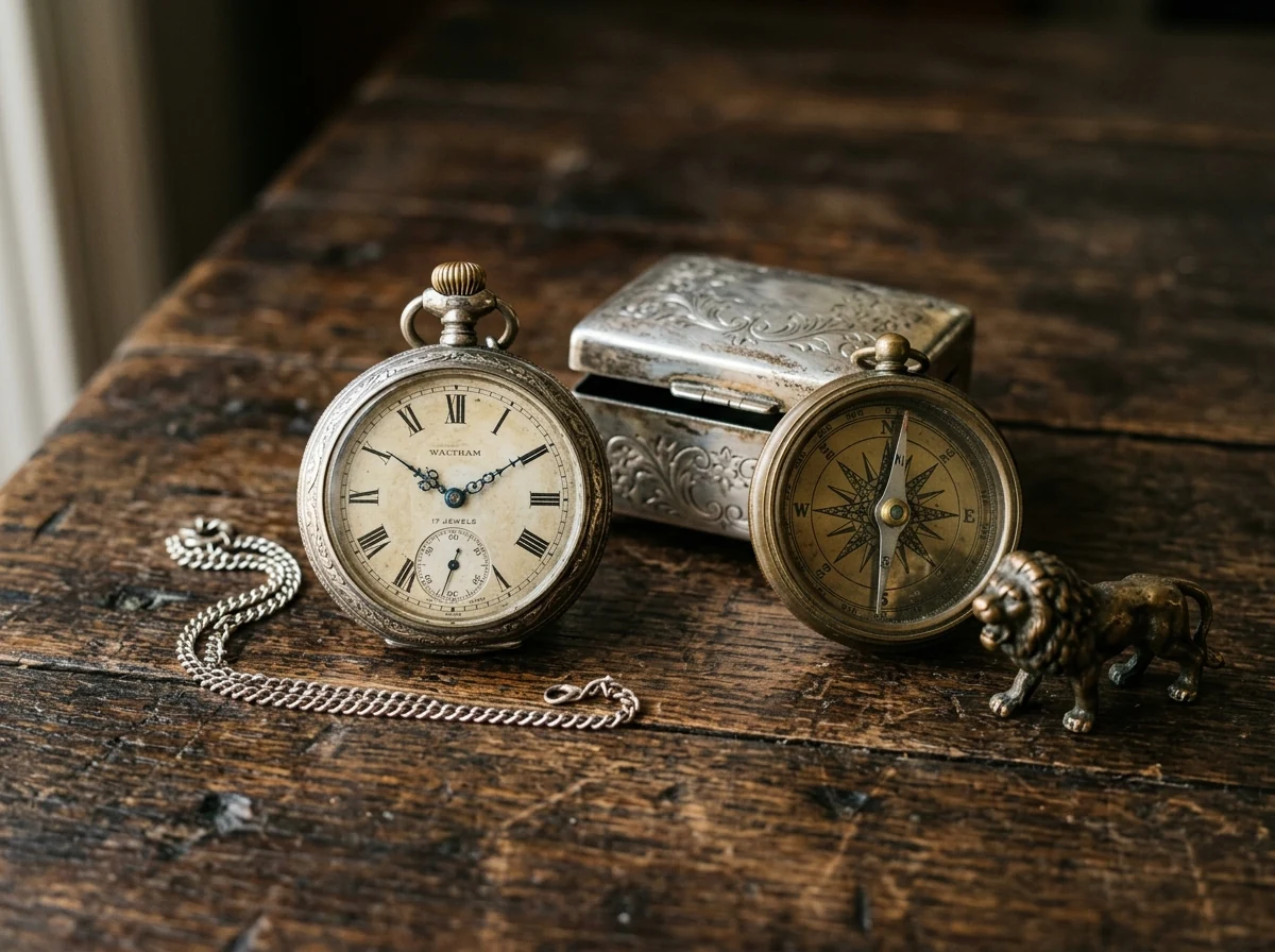 Ilustración de un reloj de bolsillo, una caja y pequeñas piezas de colección