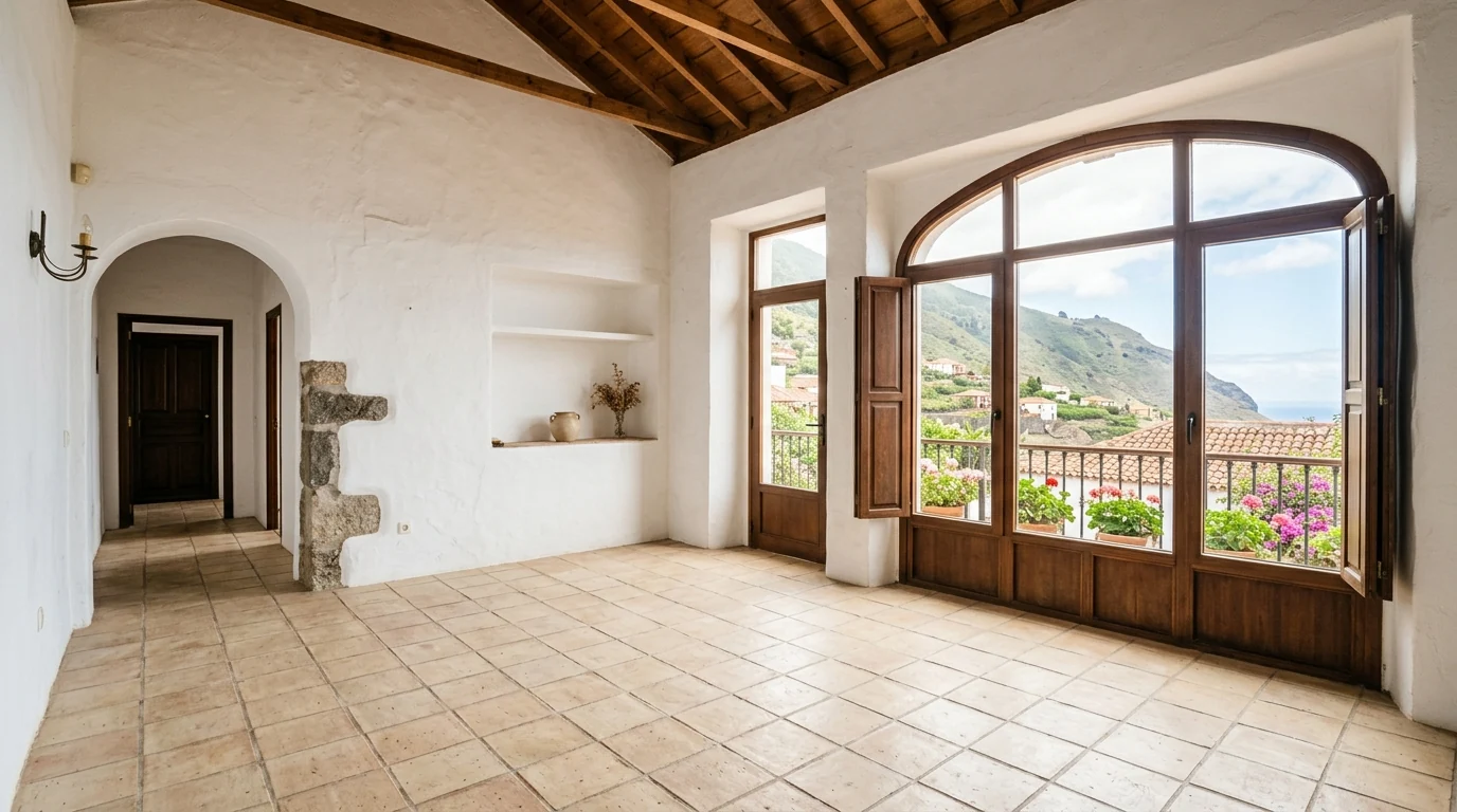 Ilustración de una estancia luminosa con ventanas y paisaje del norte de Tenerife