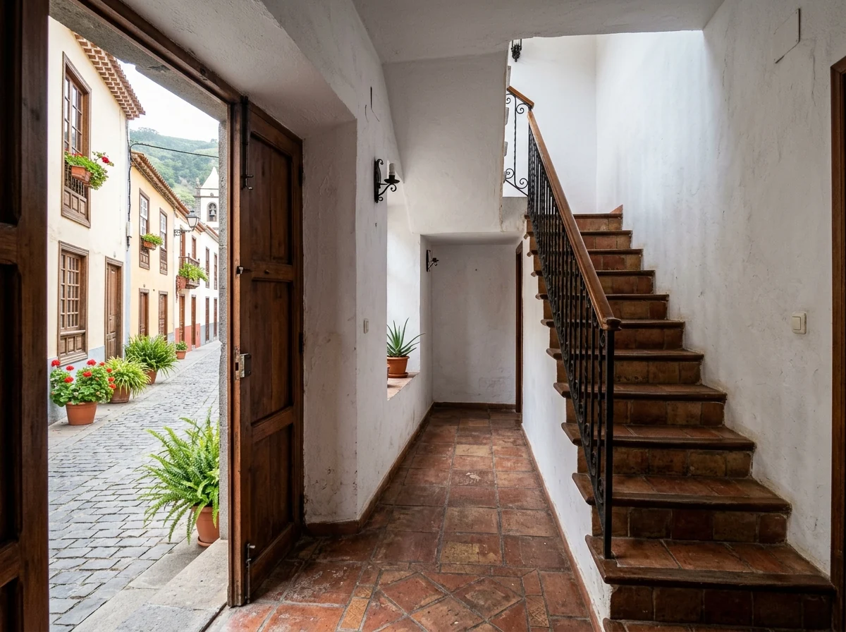 Ilustración de una entrada y una escalera de una vivienda de estilo canario
