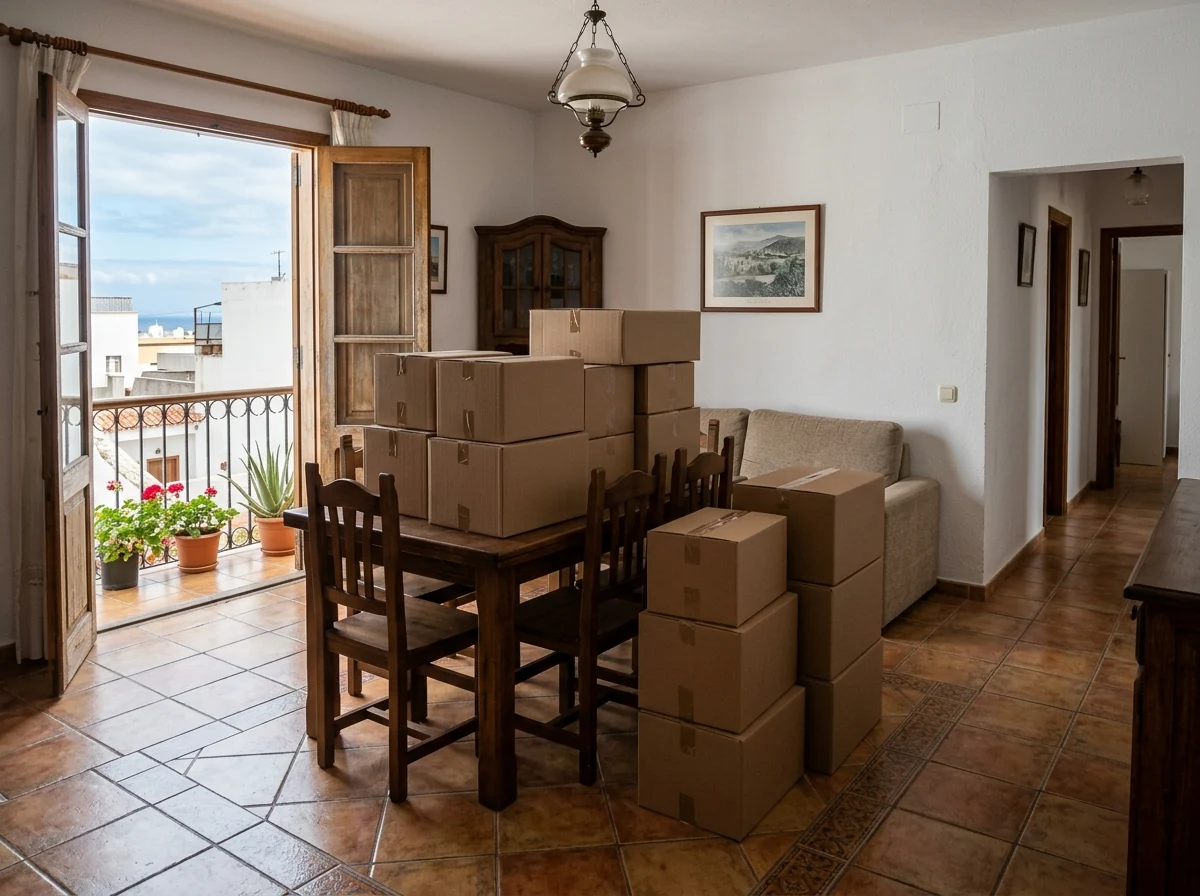 Ilustración de muebles y cajas preparados para organizar una retirada