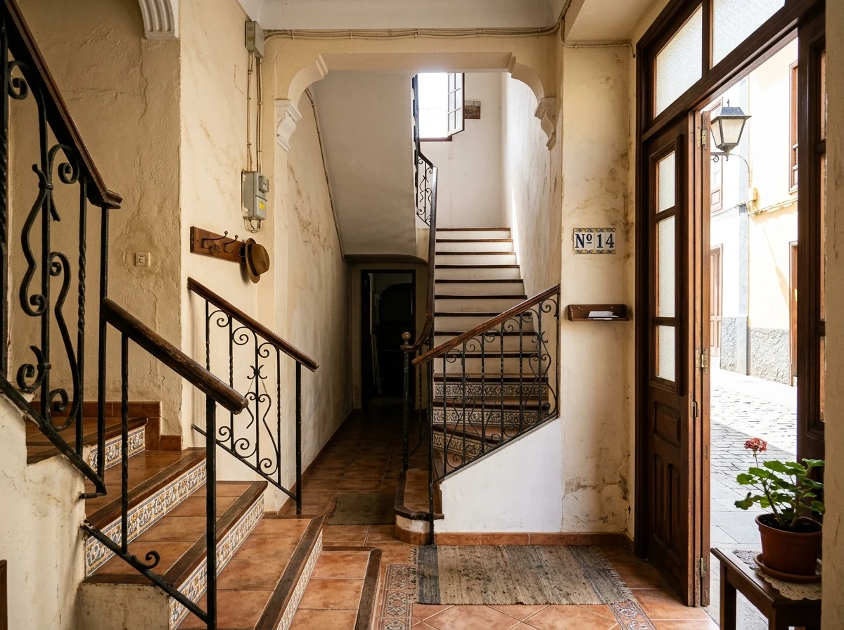 Ilustración de un acceso con escalones y entrada de una vivienda