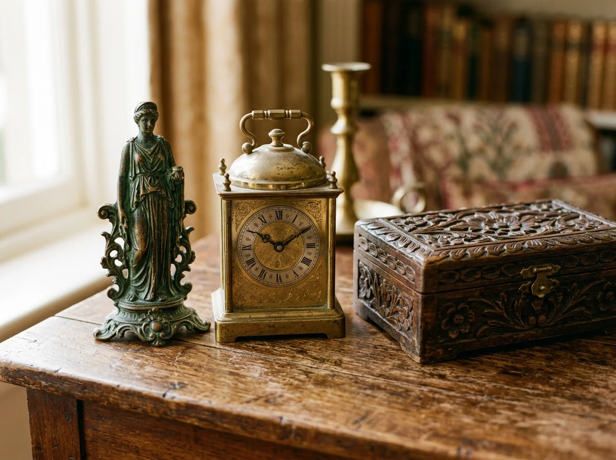 Pequeñas piezas decorativas, reloj de mesa y objetos de colección separados para su valoración