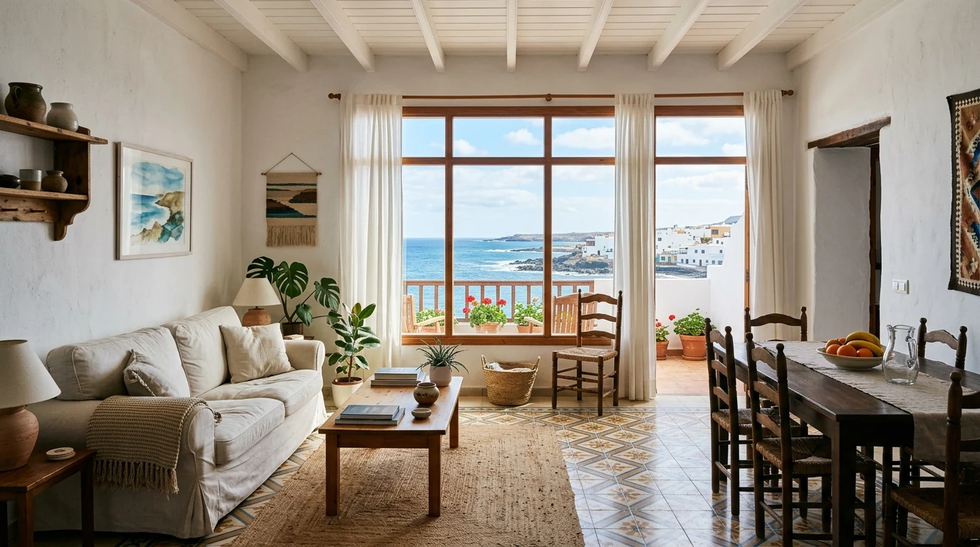 Ilustración de una vivienda con balcón, vegetación y paisaje costero del norte de Tenerife