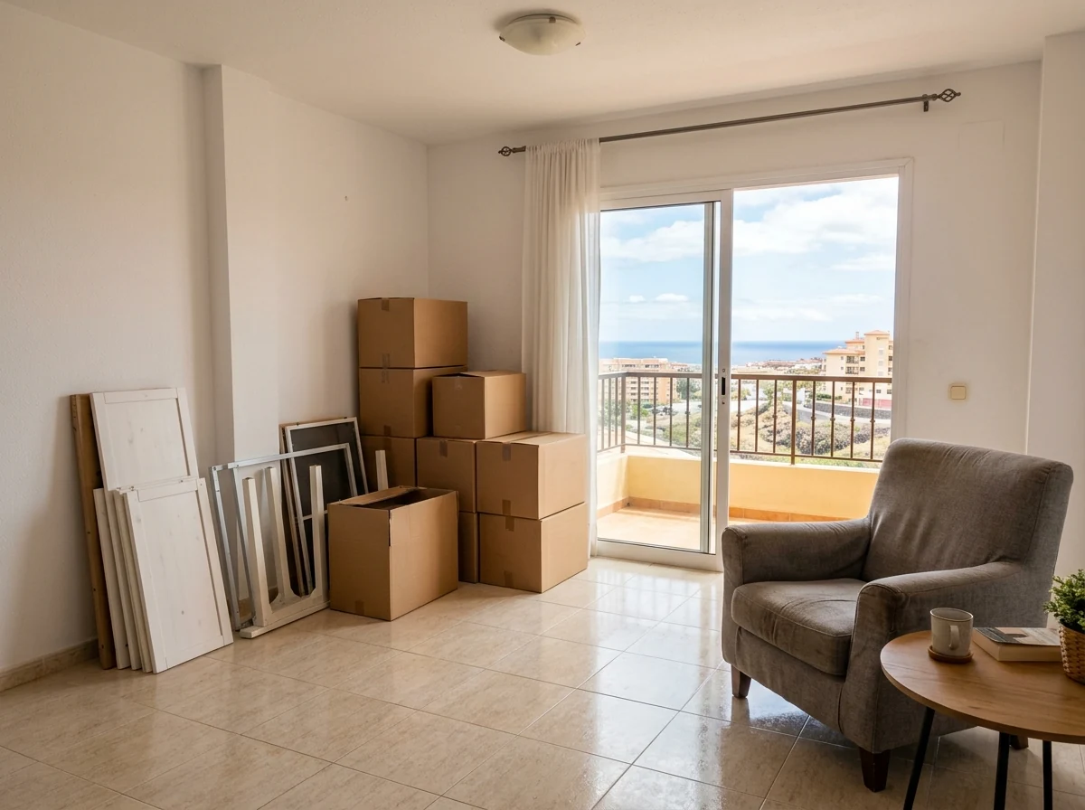 Muebles desmontados y cajas preparados para su retirada junto a un sillón que se conserva