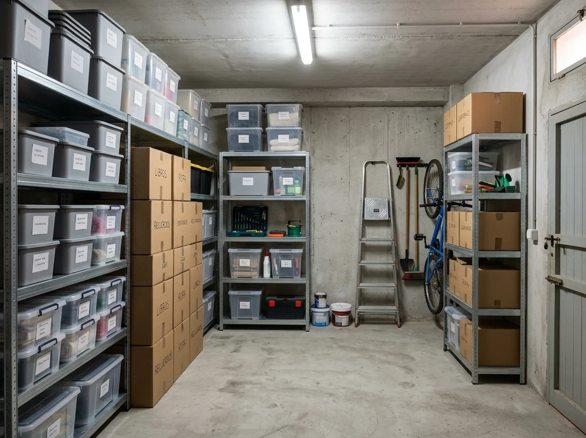 Trastero con estanterías, cajas y pertenencias agrupadas para organizar su retirada