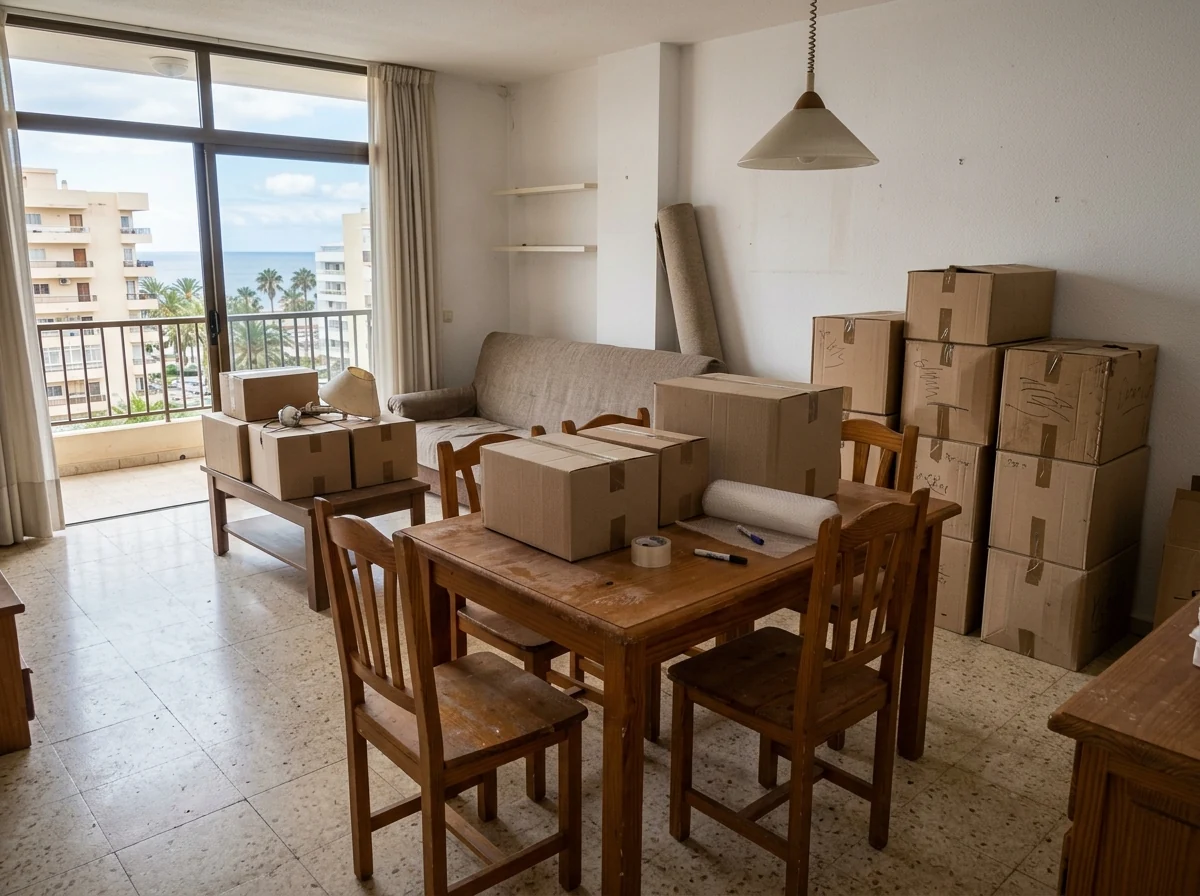 Muebles protegidos por separado y cajas preparadas para una retirada del interior de una vivienda