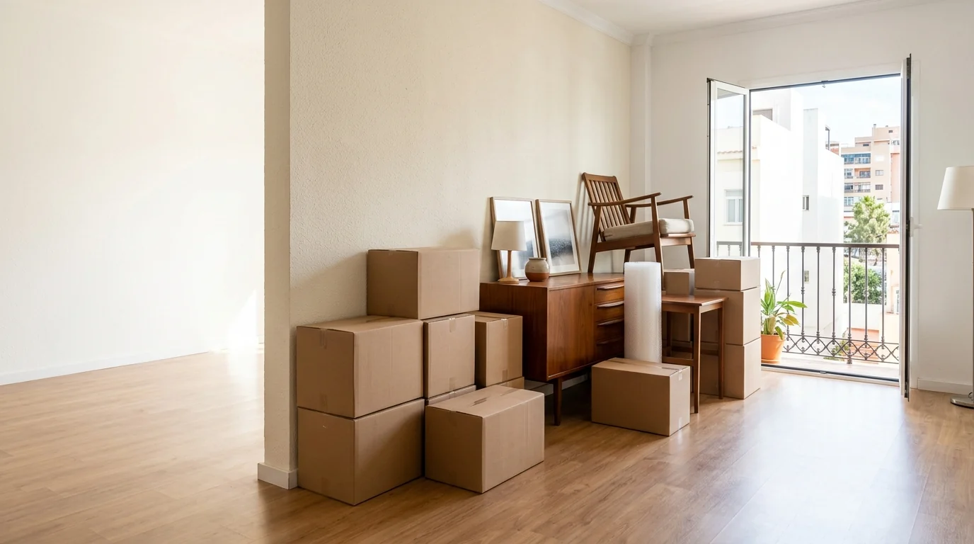 Ilustración de una vivienda urbana con muebles y cajas preparados para el vaciado