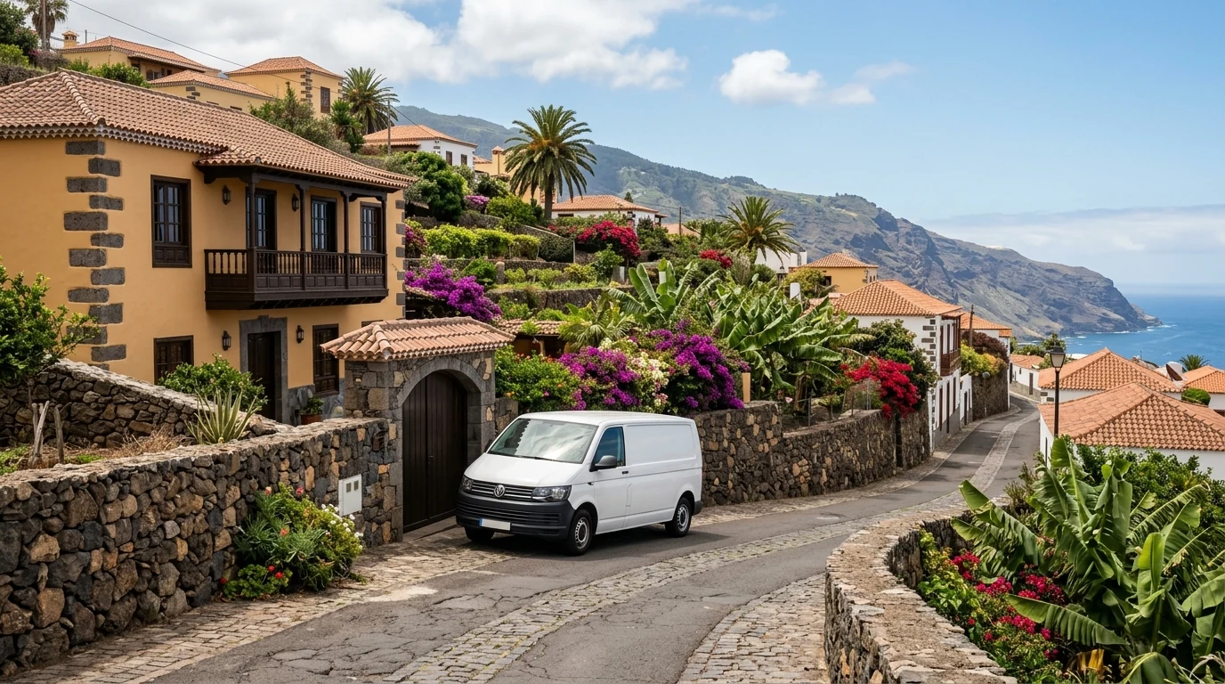 Vehículo blanco de transporte estacionado en una calle residencial del norte de Tenerife