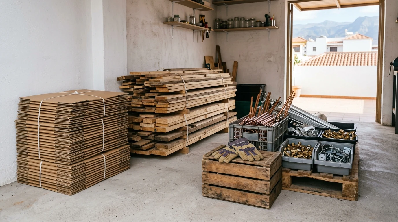 Espacio interior ordenado con materiales clasificados para su transporte y reciclaje responsable
