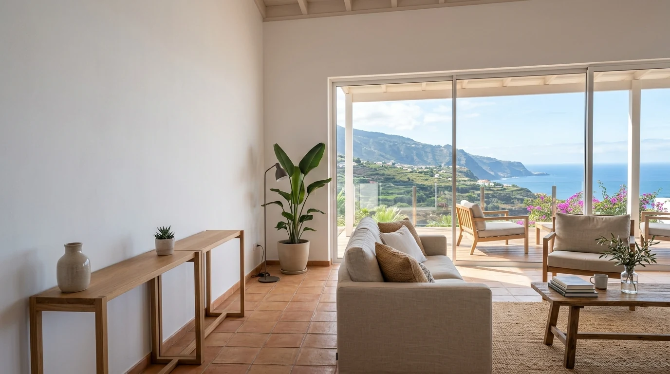 Vivienda residencial luminosa con suelo de barro cocido y vistas hacia la costa del norte de Tenerife