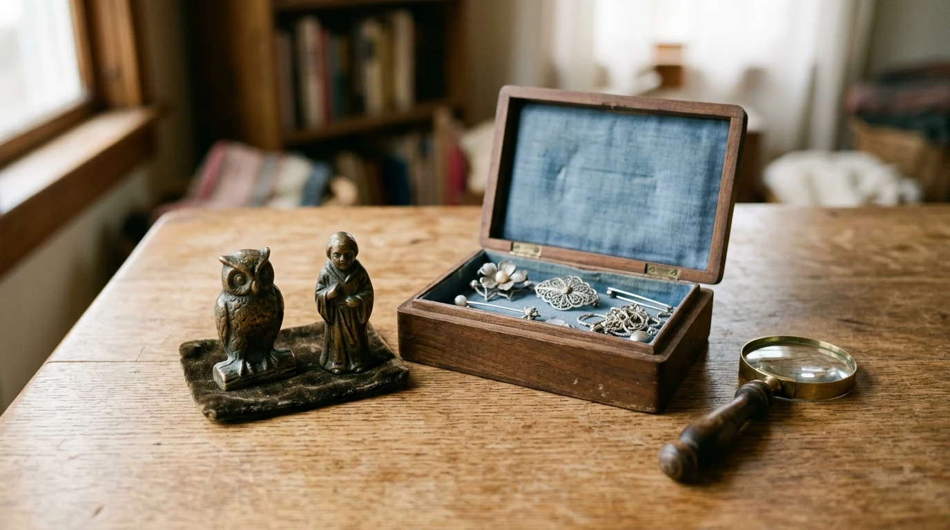 Pequeñas figuras de bronce y objetos decorativos colocados para una valoración previa