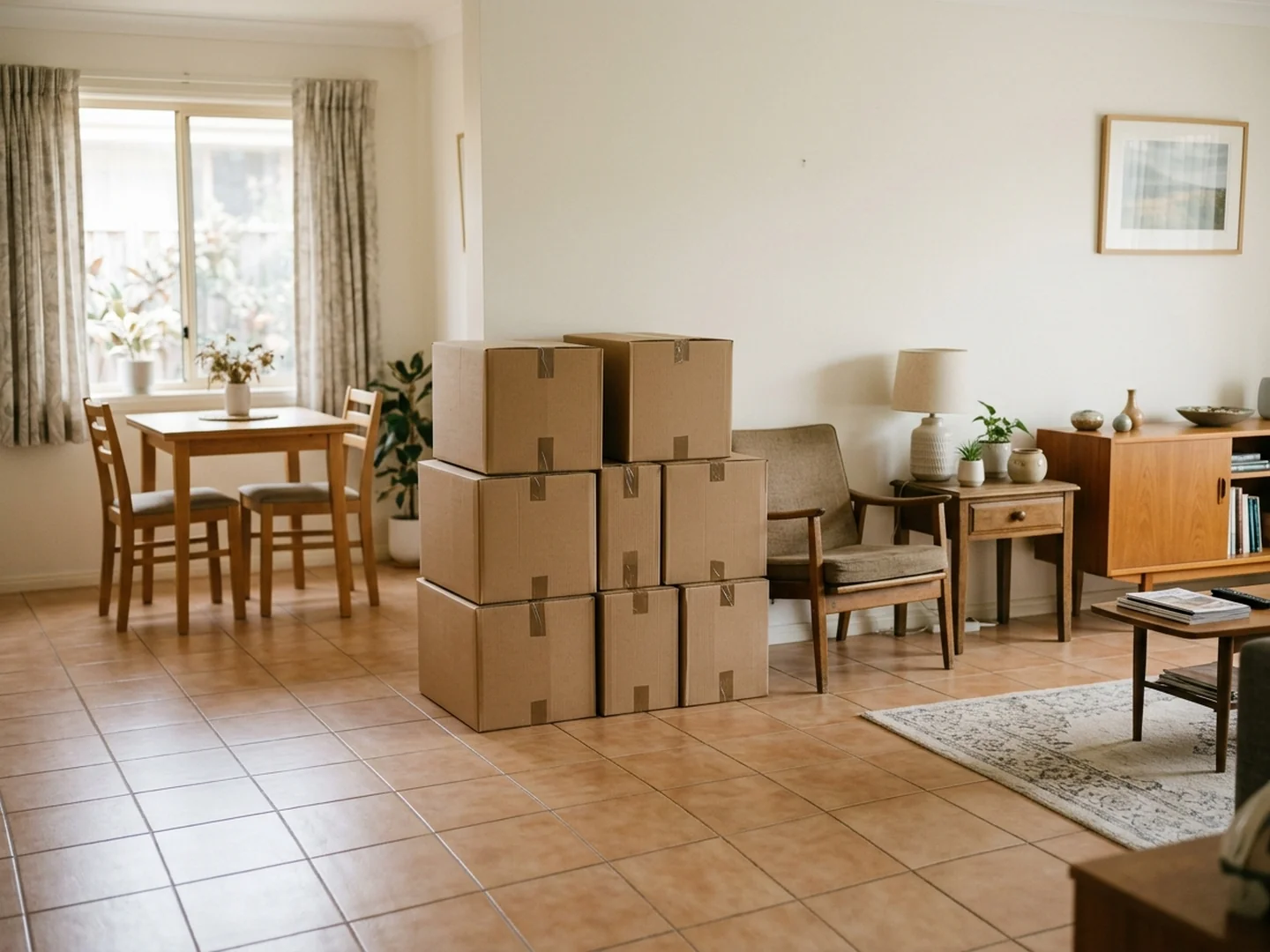 Salón con muebles y cajas preparados para un vaciado parcial