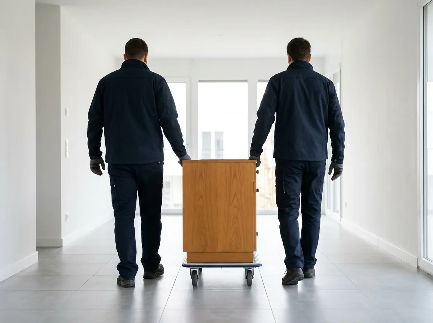 Ilustración de dos operarios trasladando un mueble sobre una plataforma con ruedas
