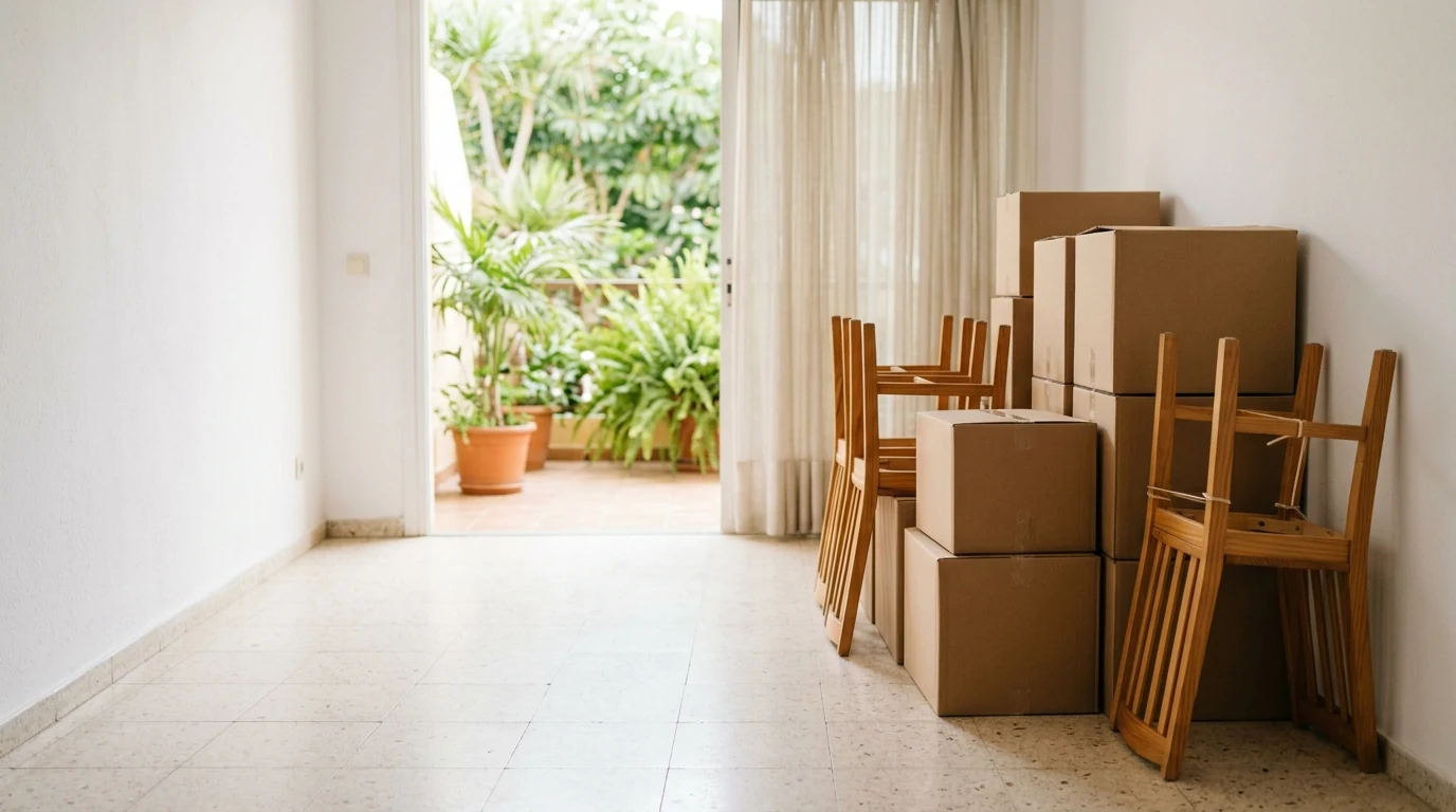 Escena ilustrativa de una vivienda con cajas y sillas preparadas para retirar