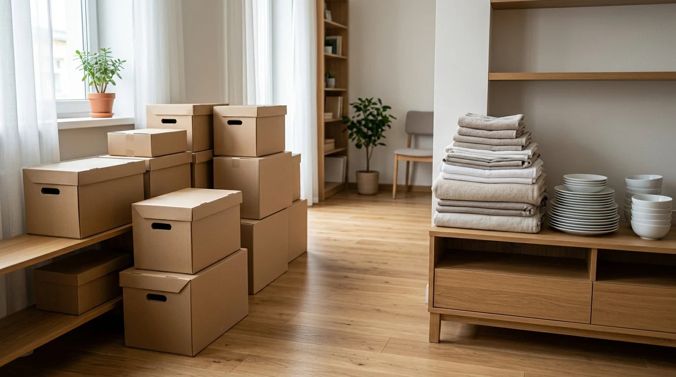 Objetos domésticos y cajas separados antes de vaciar una vivienda