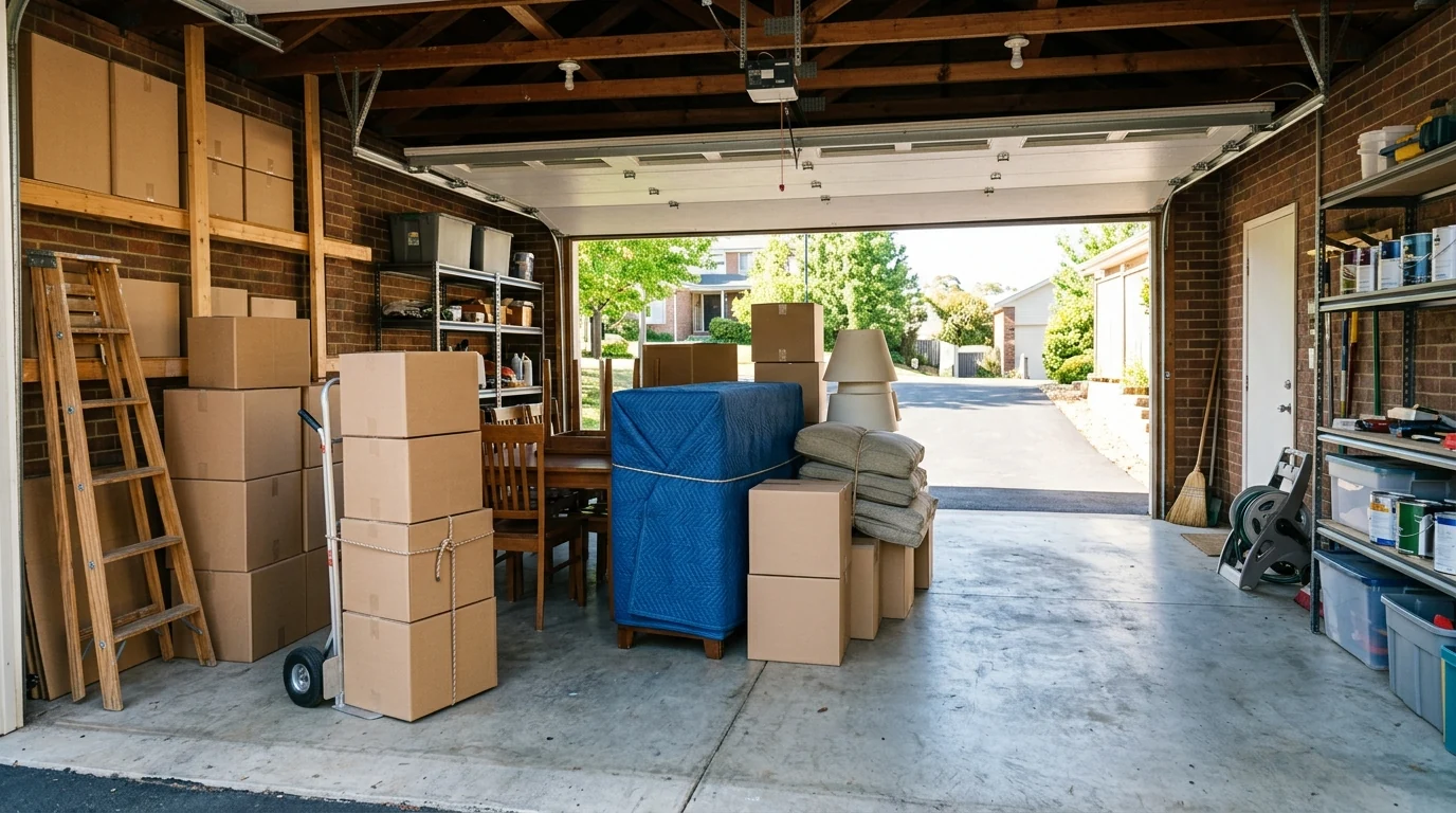 Cajas y muebles preparados junto a una carretilla en un garaje