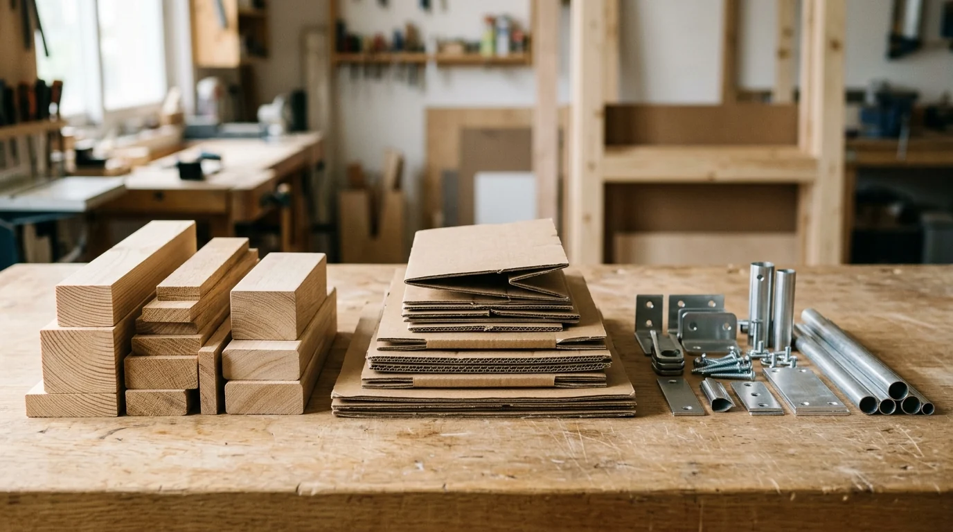 Madera, cartón y piezas metálicas separados sobre una mesa