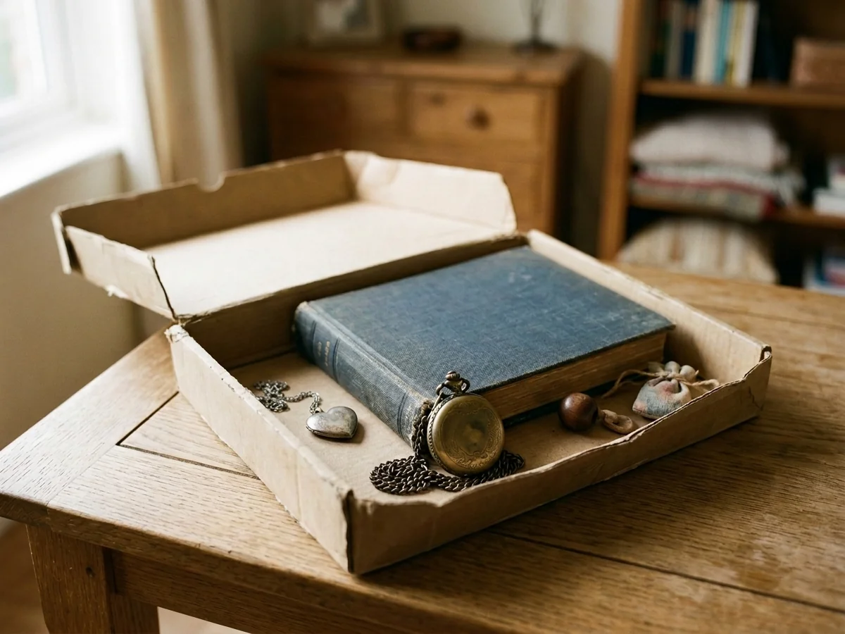 Caja con un álbum y pequeños recuerdos familiares para conservar