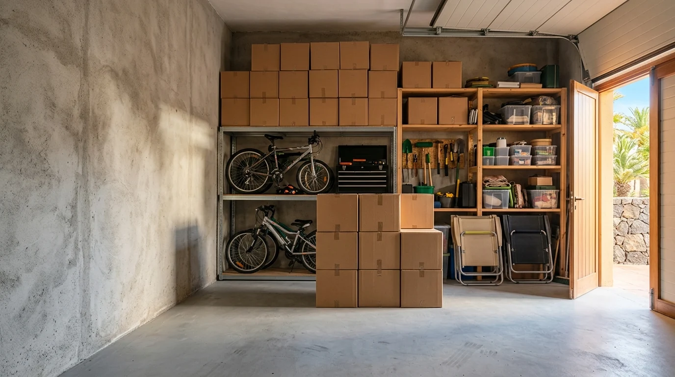 Garaje doméstico con cajas, bicicletas y estanterías antes del vaciado